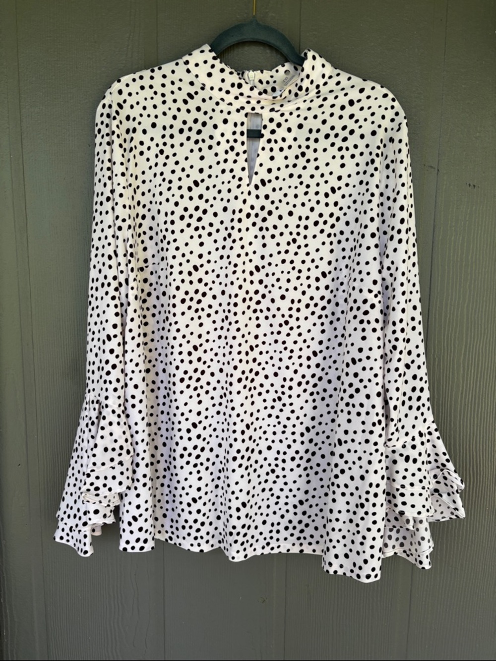 Nygard White and Black Polka Dot Keyhole Ruffle Sleeve Blouse
